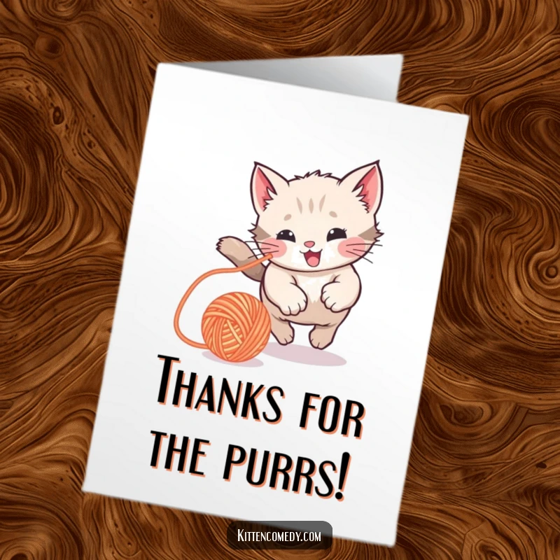 Funny Free Printable Thank You Card: Adorable kawaii kitten joyfully chasing a bouncy ball of yarn with playful intent.