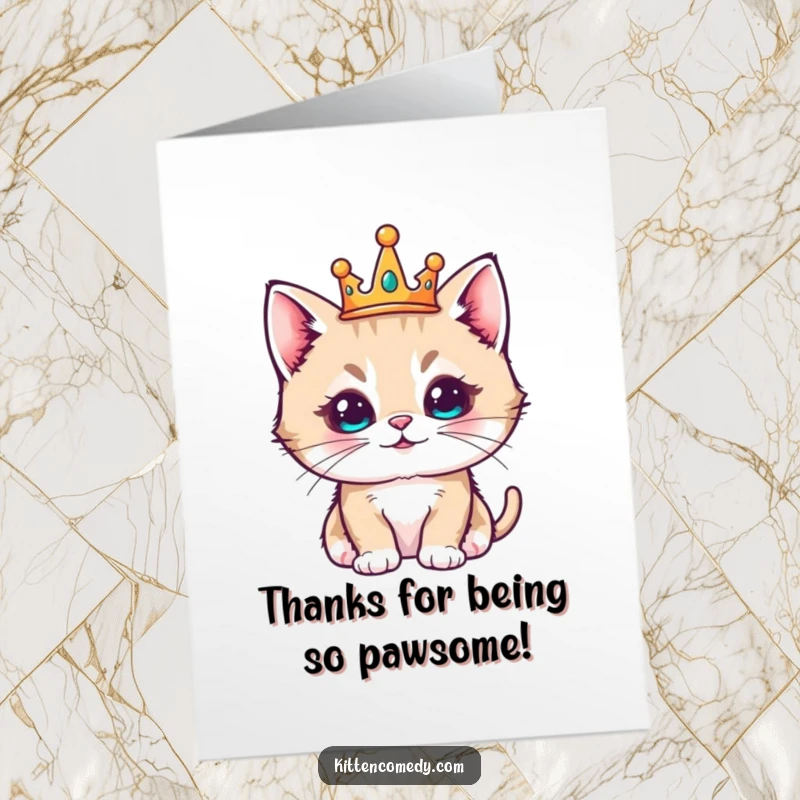 Funny Free Printable Thank You Card: Regal kawaii kitten wearing a tiny crown, looking pleased to express thanks.