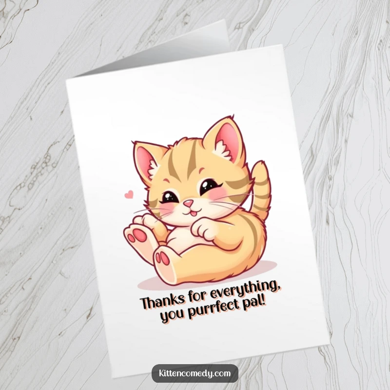 Funny Free Printable Thank You Card: Kawaii kitten rolling around in playful delight.
