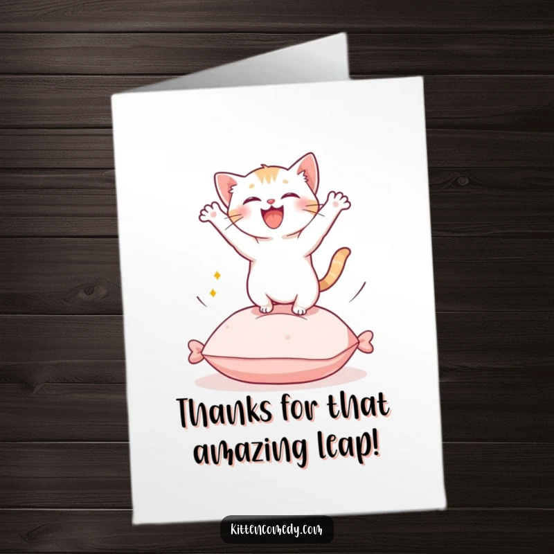 Funny Free Printable Thank You Card: A Kawaii kitten mid-leap from a cushion, radiating happiness and playful gratitude.