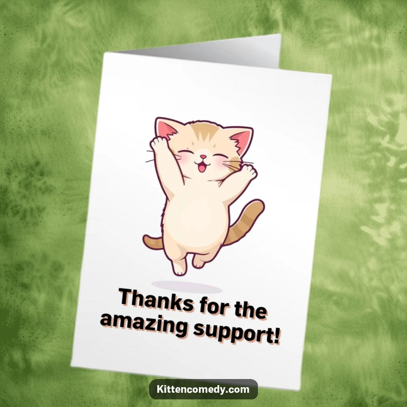 Funny Free Printable Thank You Card: A kawaii kitten in mid-air performing a silly acrobatic flip, sending thanks playfully.