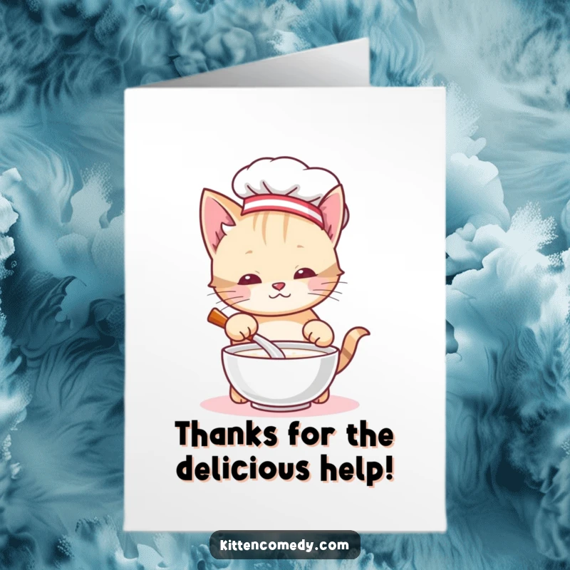 Funny Free Printable Thank You Card: Cute chef kitten in a chef hat stirring milk, expressing thanks.