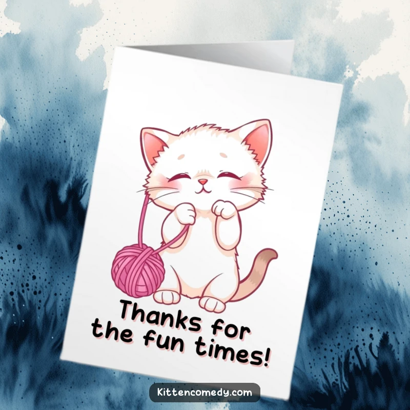 Funny Free Printable Thank You Card with a cute kitten playfully batting at yarn, a charming and humorous way to express gratitude.
