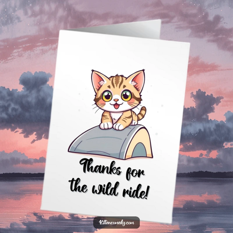 Funny Free Printable Thank You Card: A kitten with wide eyes sliding down a ramp, conveying speedy thanks.