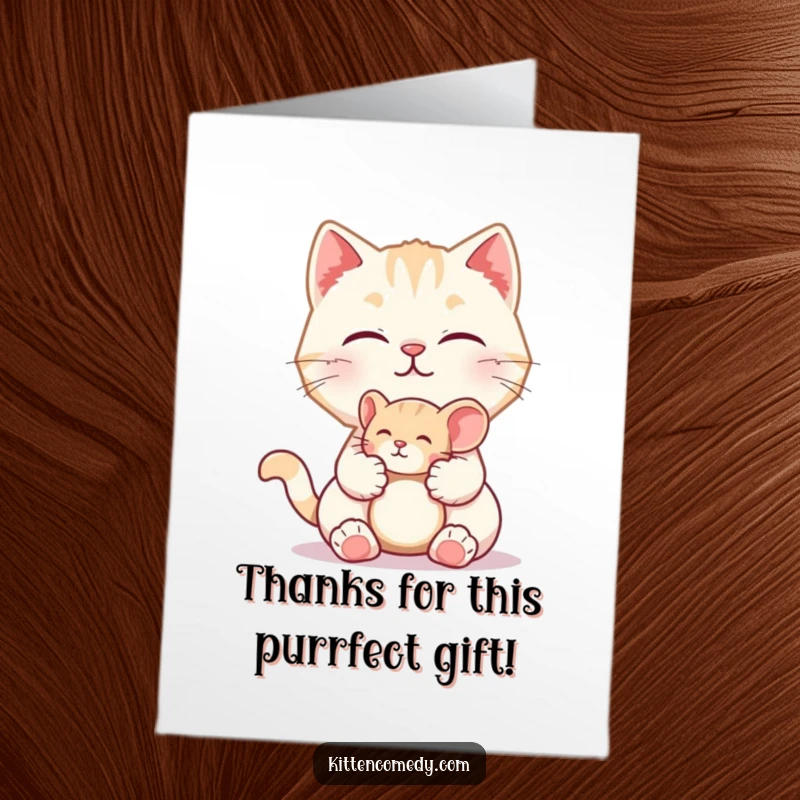 Funny Free Printable Thank You Card featuring a kitten offering a toy mouse with a 'meow', a sweet and humorous thank you.