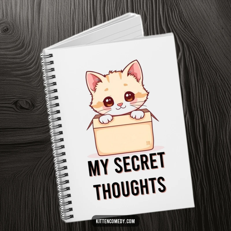 Funny, cute kawaii kitten peeking from a cozy box on the cover of this fun and practical notebook.