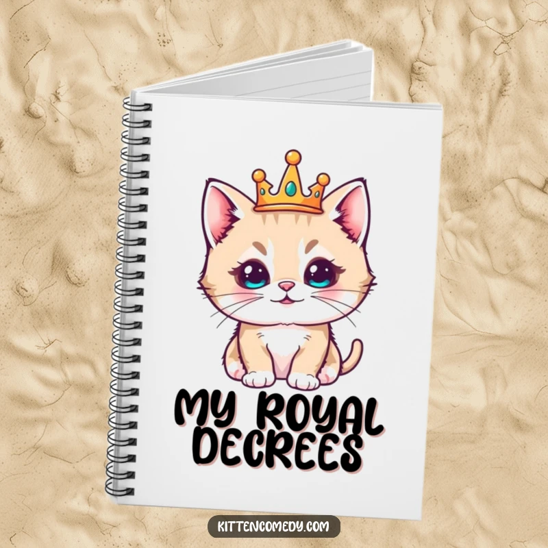 Funny kawaii kitten wearing a tiny crown, looking regal and pleased, notebook for writing.