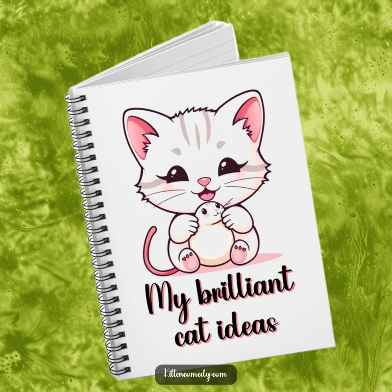 Funny kawaii kitten notebook with a cover showing a cat offering a mouse toy with a happy meow, perfect for jotting down funny thoughts, a gift.
