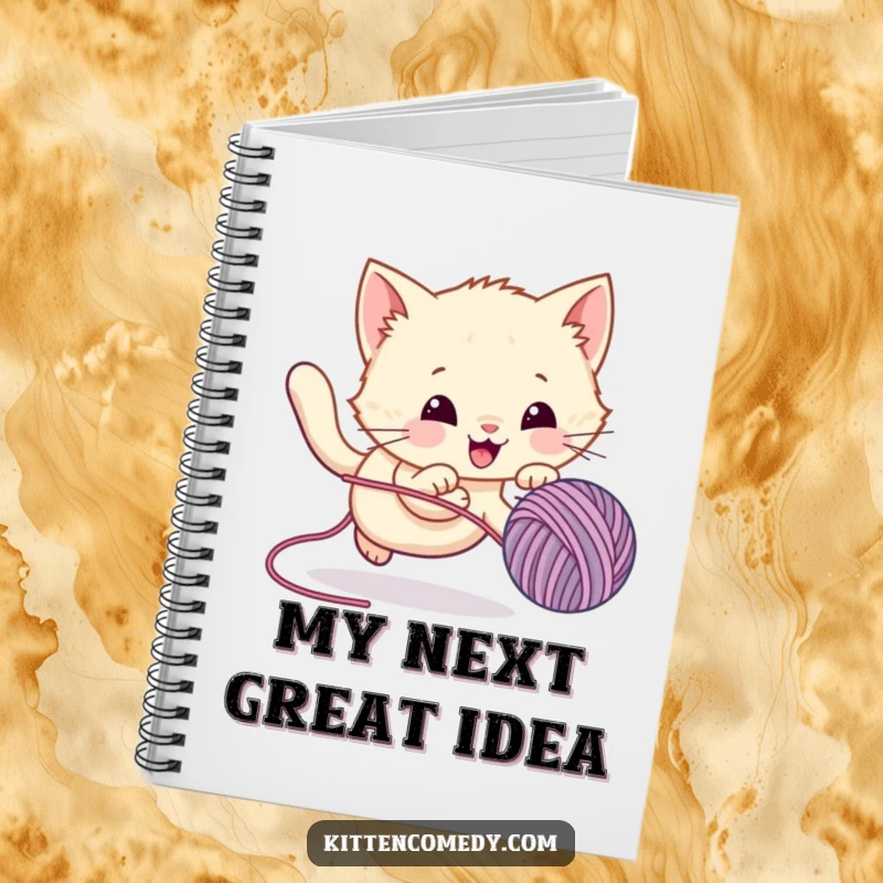 Funny Notebook cover illustrates a determined kawaii kitten energetically chasing a bouncing yarn ball, inspiring creative writing and planning.