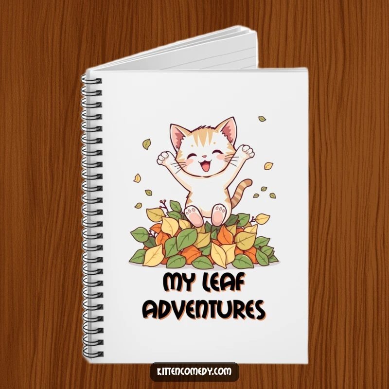 Funny kitten notebook showing a happy cat leaping into leaves, inspiring cheerful writing and capturing the essence of autumn.