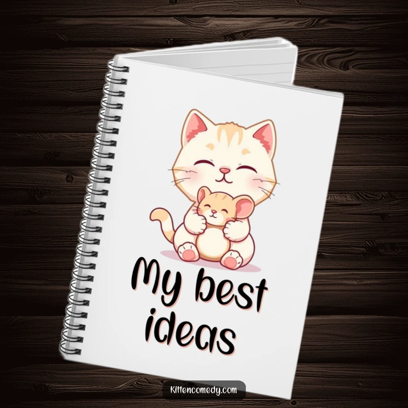 Funny notebook cover with a kitten character offering a tiny toy mouse. Playful and humorous stationery.