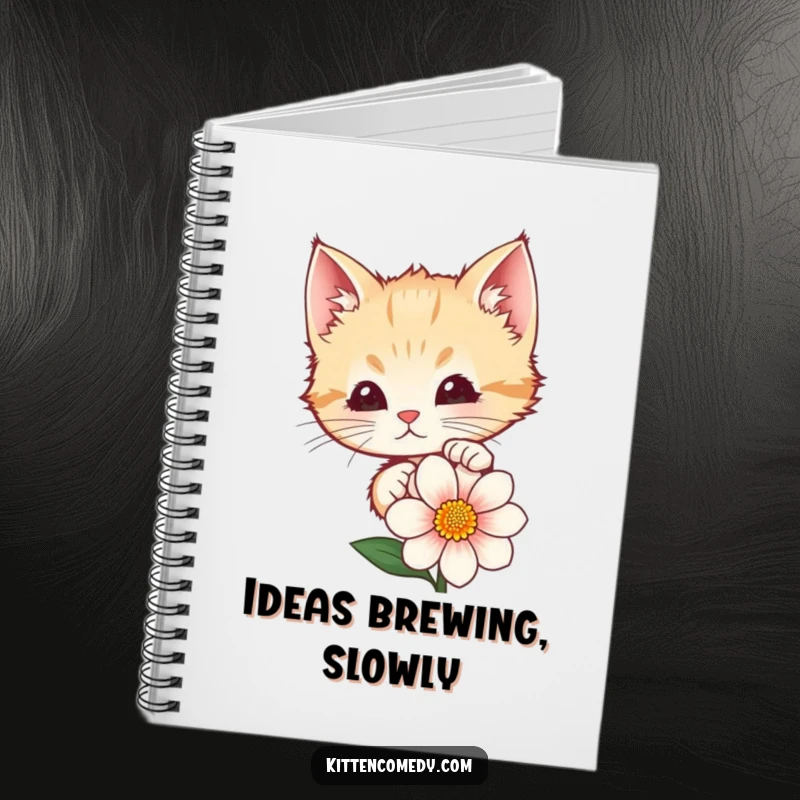 Funny kitten peeking from behind a flower, gracing the cover of a lined notebook. Perfect for journaling.