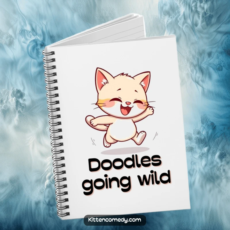 Funny notebook cover with a kitten character hilariously stumbling while running. Playful and humorous stationery.