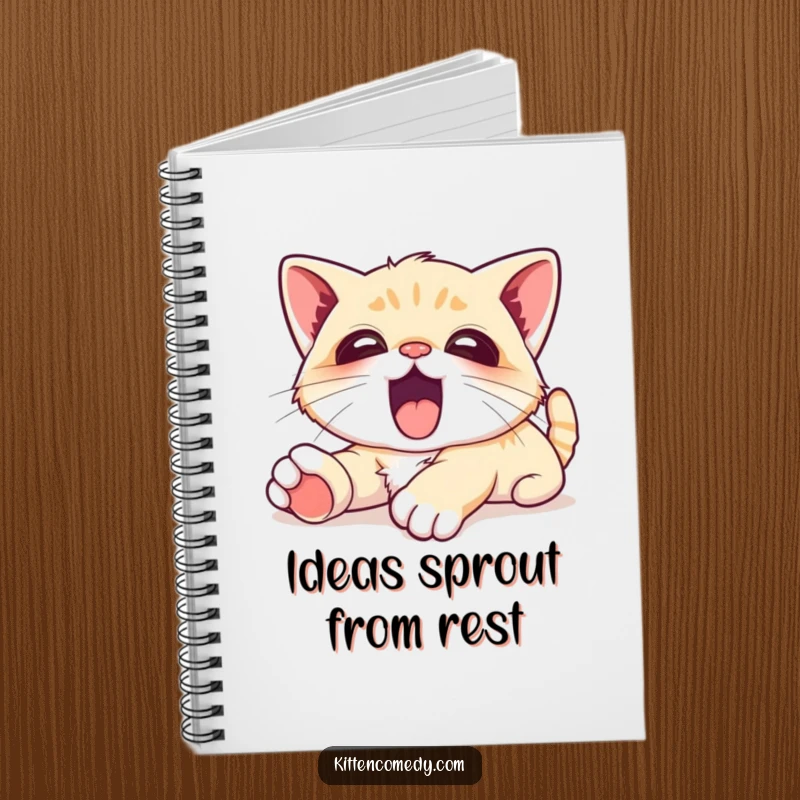 Funny Notebook cover shows a kawaii kitten stretching with a huge, happy yawn, designed for jotting down relaxed thoughts and ideas.