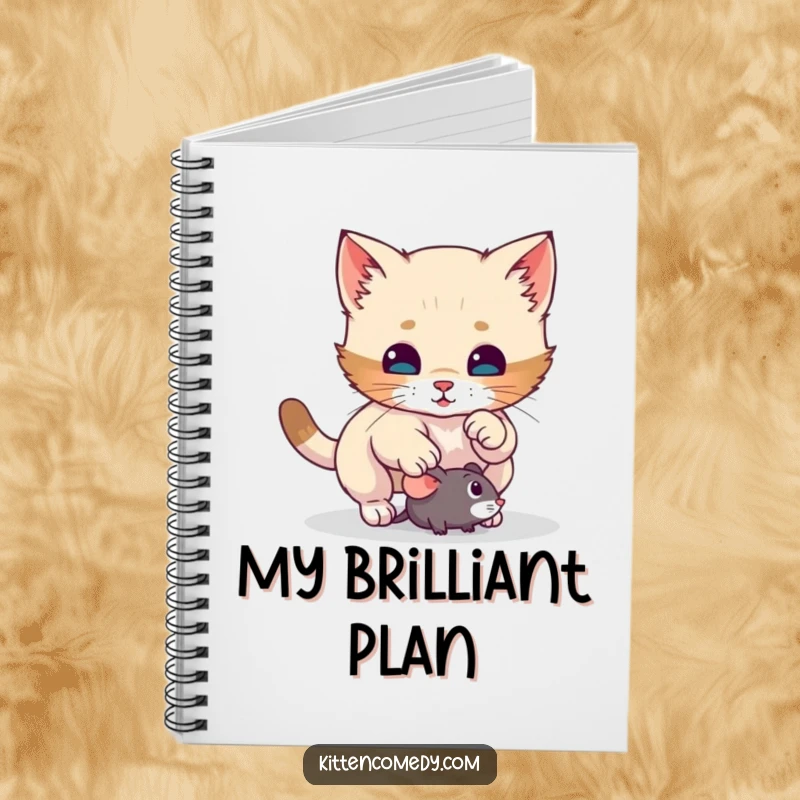 Funny kitten notebook showing a cat preparing for a surprise pounce on a toy mouse, inspiring creative thoughts with a humorous feline theme.