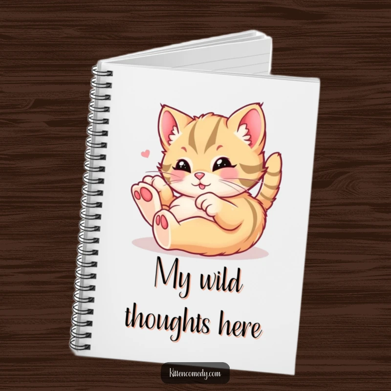 Funny kawaii kitten notebook with a cover depicting a cat rolling in playful delight, perfect for capturing fun ideas, a useful funny gift.