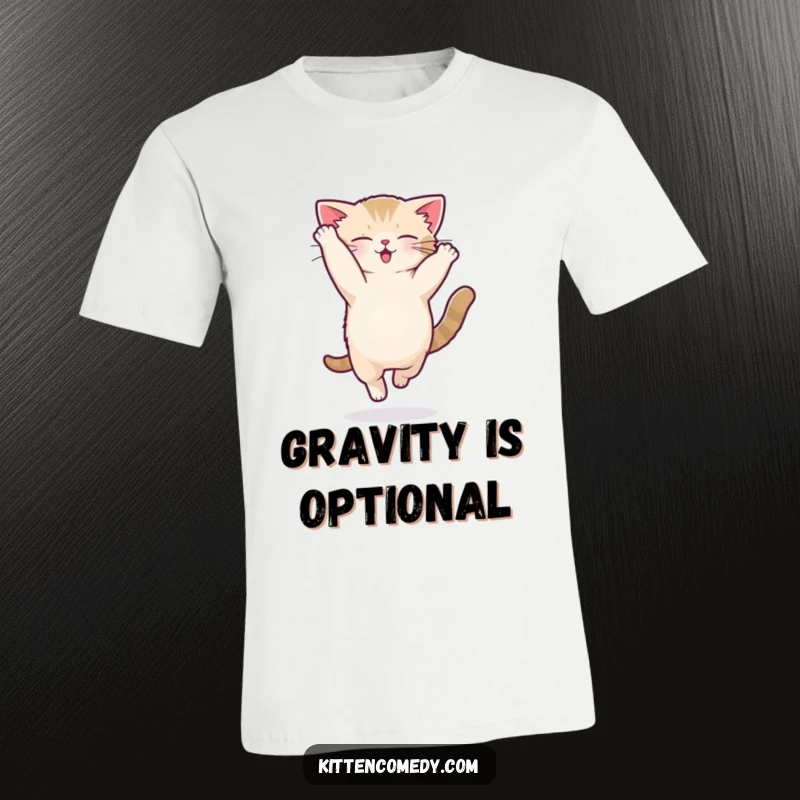 Funny kawaii kitten t-shirt capturing the peak of a silly acrobatic flip by a playful cat.