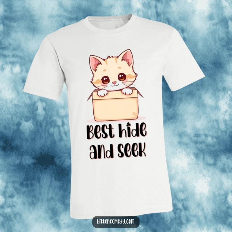 Funny, cute kawaii kitten peeking curiously from a snug, cozy box on this delightful t-shirt.