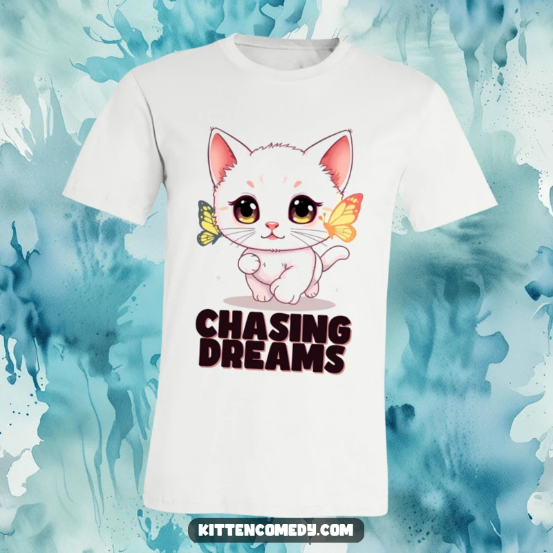 Funny kawaii kitten t-shirt with wide, captivated eyes chasing a glowing butterfly.