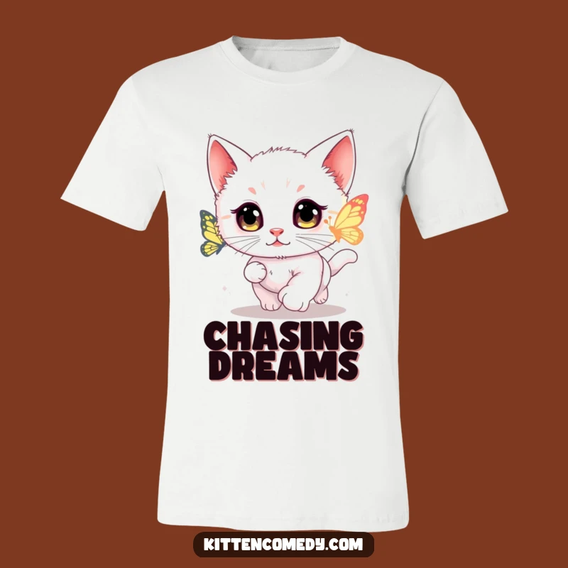 Funny Kawaii Kitten Butterfly Chase T-Shirt - Whimsical and Funny Tee for Cat Lovers