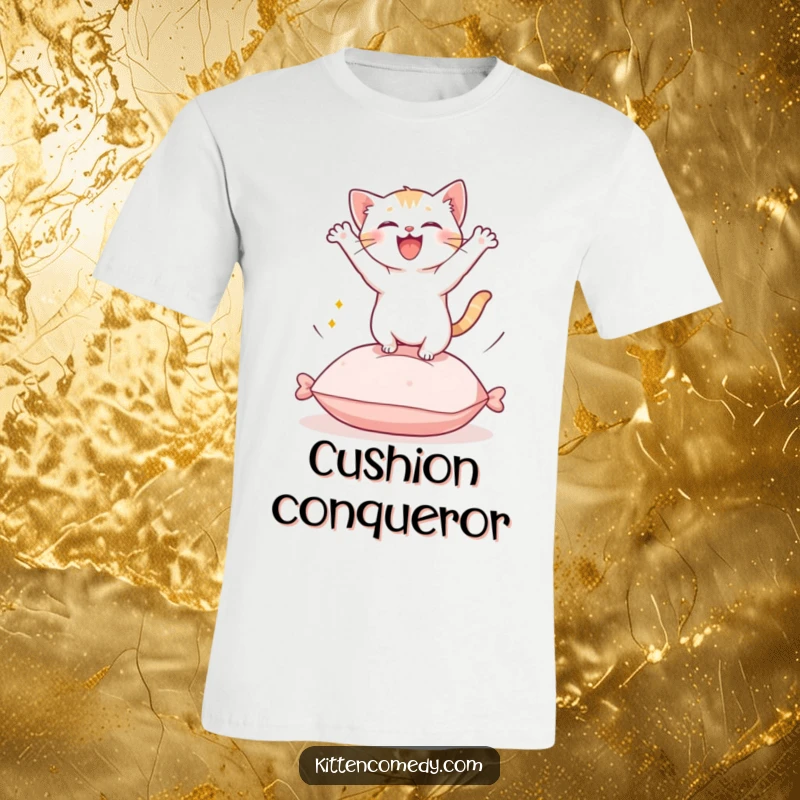 Funny Kawaii Kitten T-Shirt: A cute kitten leaping energetically from a cushion, capturing playful motion.