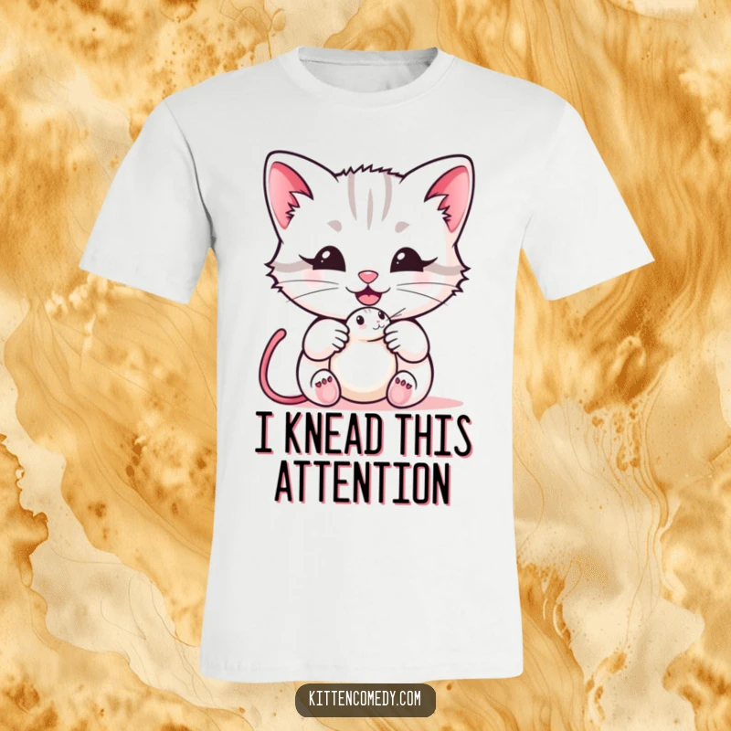 Funny kawaii kitten t-shirt featuring a cute cat offering a mouse toy with a happy meow, ideal for cat enthusiasts looking for a funny shirt.