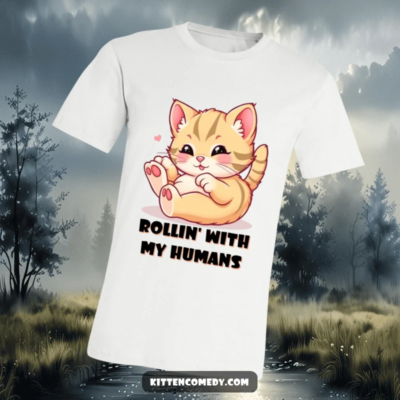 Funny kawaii kitten t-shirt featuring a cute cat rolling around in pure playful delight, perfect for expressing joy and humor, a funny gift.