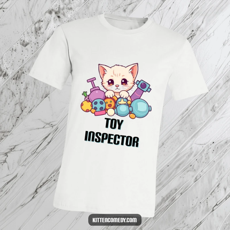 Funny Kawaii Kitten T-Shirt: A cute kitten playfully peeking from behind a stack of vibrant toys.