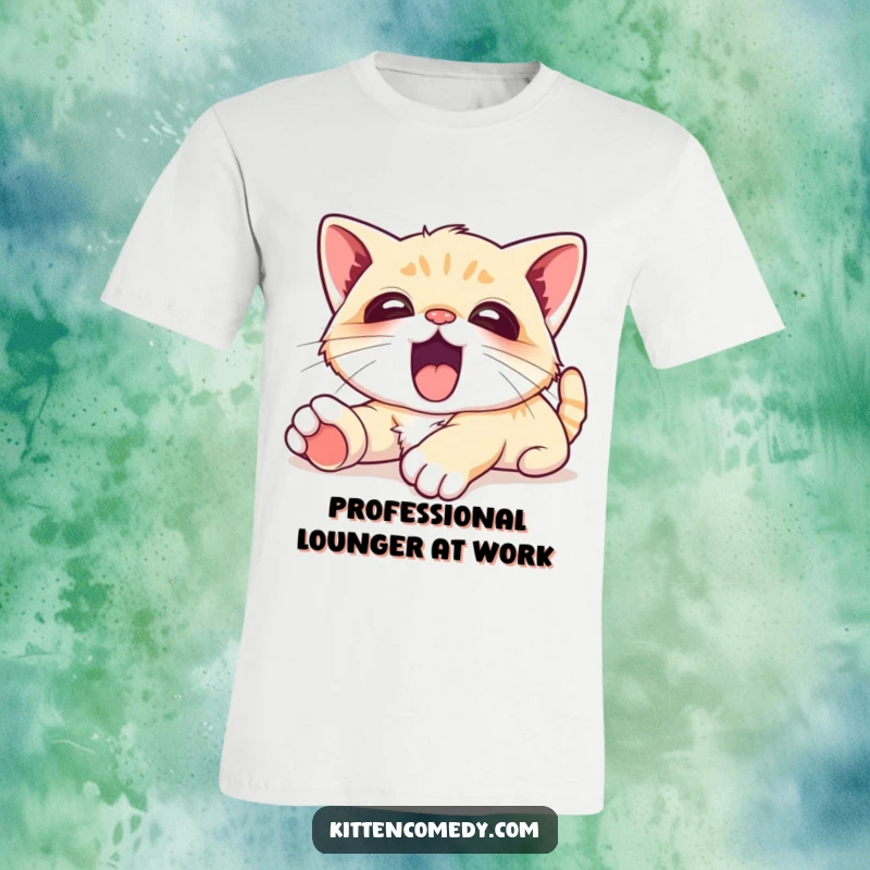 Funny T-Shirt displaying a cute kawaii kitten caught in a huge, contented yawn, embodying peak relaxation and happiness.