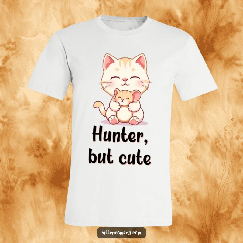 Funny t-shirt design of a cute kitten character with a meow, presenting a tiny toy mouse. Playful and humorous cat theme.