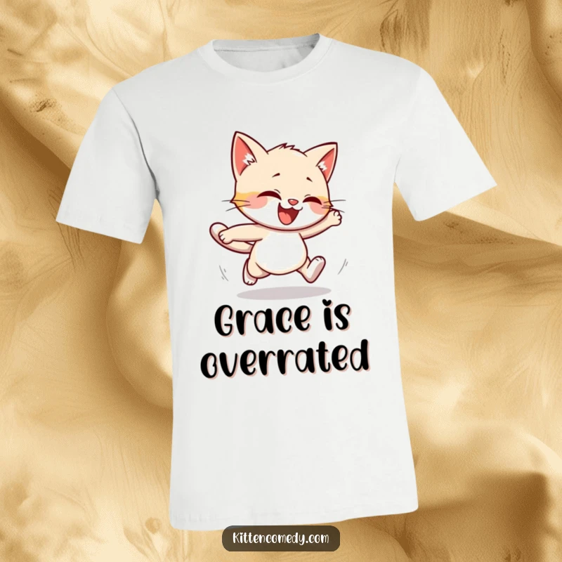 Funny t-shirt design of a kitten hilariously stumbling while running. Adorable, clumsy, and humorous cat theme.