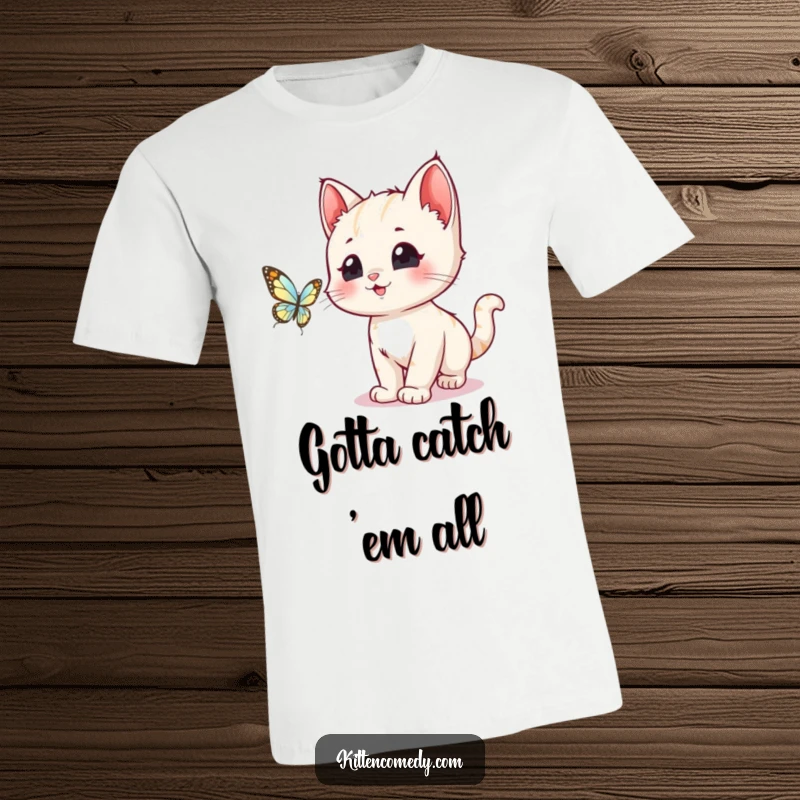Funny, wide-eyed kawaii kitten hilariously pursuing a glittering butterfly on a soft, comfortable t-shirt.