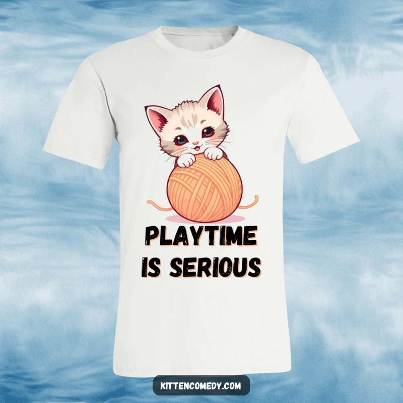 Funny T-Shirt: A cute kitten pounces with glee on a ball of dancing yarn. Hilarious cat-themed apparel.