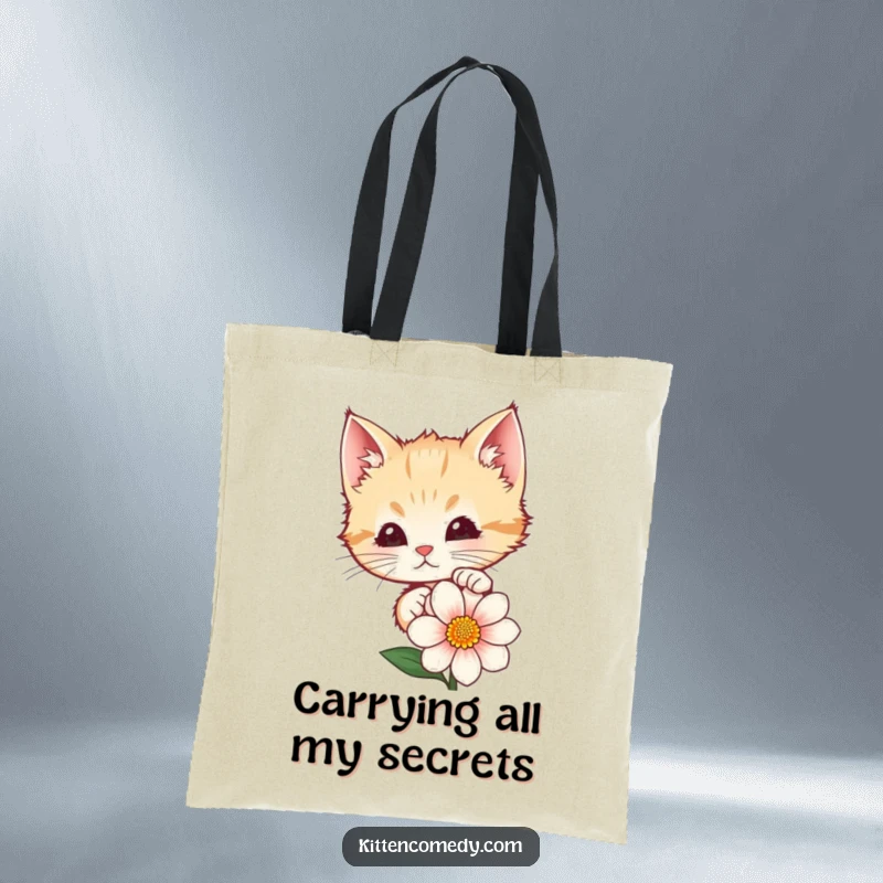 Funny kitten peeking with sweet curiosity from behind a blooming flower on a durable tote bag. Practical and amusing accessory.