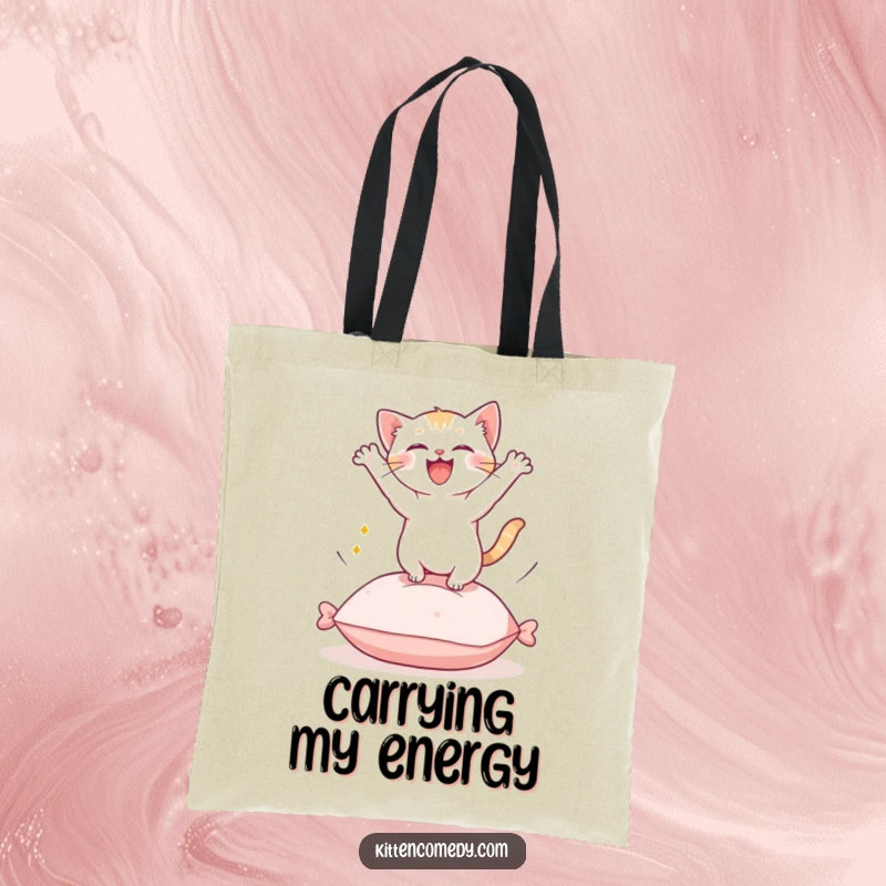 Funny Kawaii Kitten Tote Bag: A cute kitten leaping with energy from a cushion, perfect for carrying essentials.