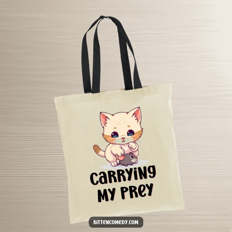 Funny kitten tote bag showcasing a cat about to pounce on a toy mouse, a whimsical and humorous accessory for any cat enthusiast.