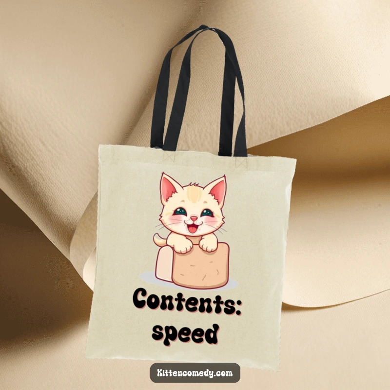 Funny kawaii kitten tote bag depicting a grinning cat joyfully sliding down a scratching post.