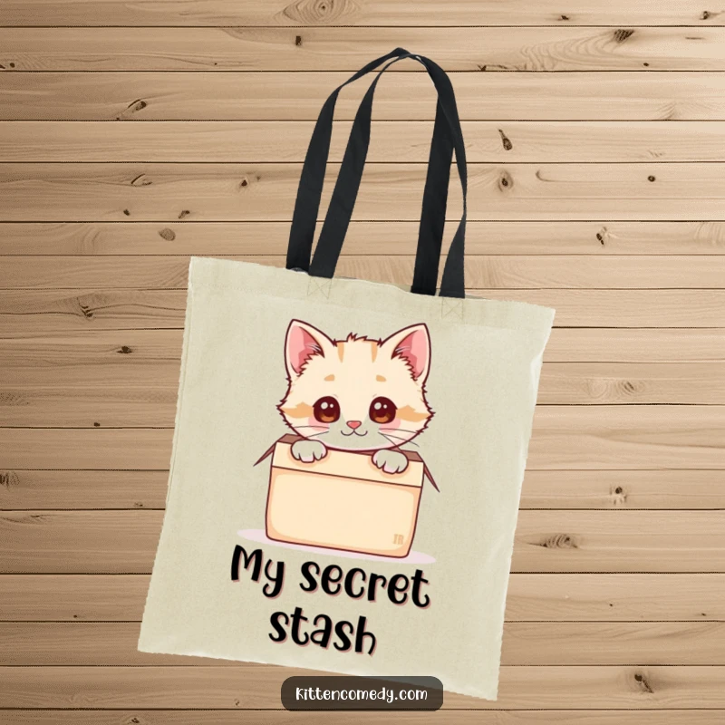 Funny, cute kawaii kitten peeking from a snug box, adorning this practical and humorous tote bag.