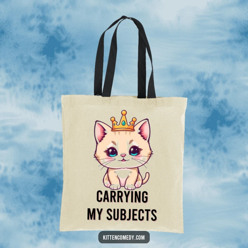 Funny kawaii kitten wearing a tiny crown, looking regal and pleased, sturdy tote bag.
