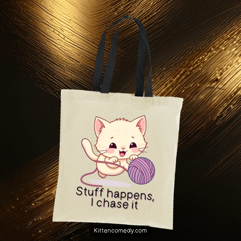 Funny Tote Bag depicting a determined kawaii kitten joyfully pouncing after a lively, bouncing yarn ball, ideal for shoppers.