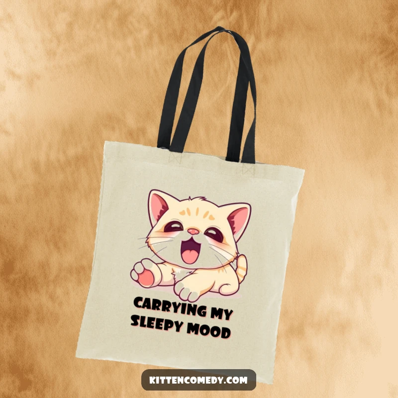 Funny Tote Bag showcasing a kawaii kitten in a state of utter relaxation, letting out a huge, contented yawn.