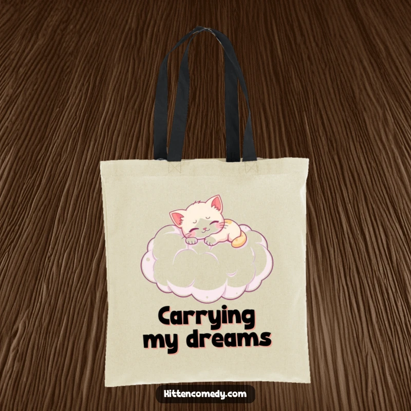 Funny tote bag: A kitten naps peacefully on a giant fluffy cloud, perfect for carrying items with adorable humor.