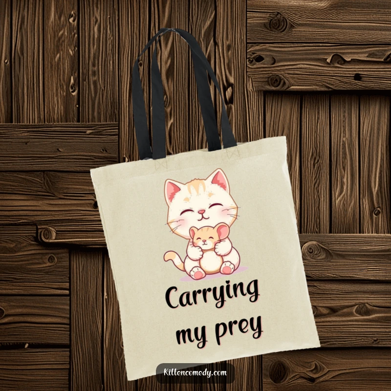 Funny tote bag with a kitten character offering a tiny toy mouse. Playful and humorous accessory for cat enthusiasts.