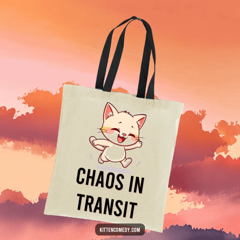 Funny tote bag with a kitten character hilariously stumbling while running. Playful and humorous accessory.