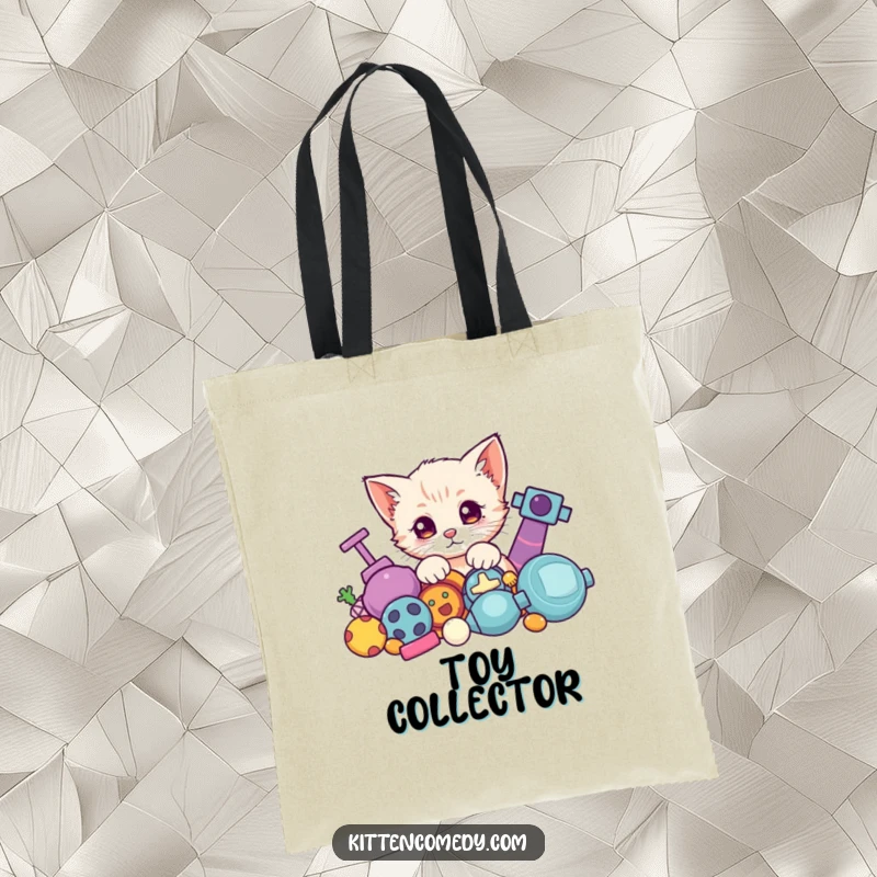 Funny Kawaii Kitten Tote Bag: A cute kitten playfully peeking from behind a pile of colorful toys.